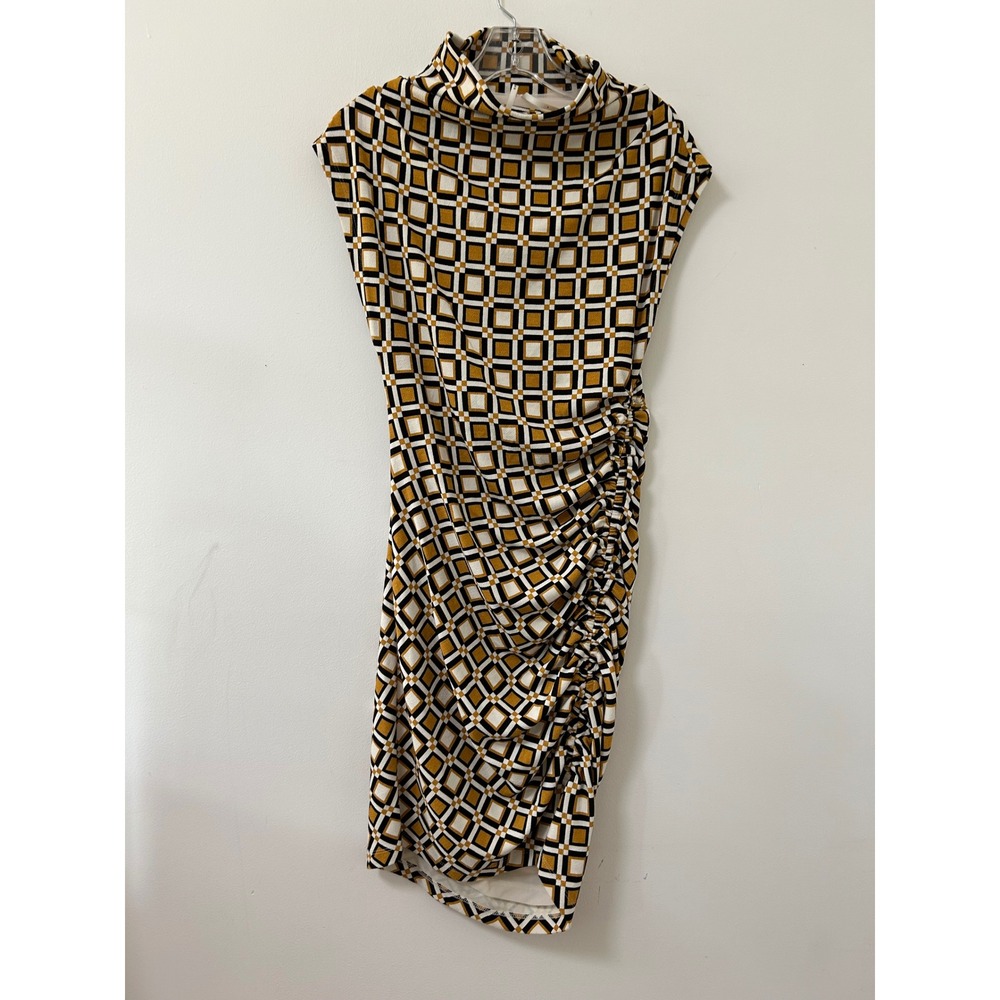Anthropologie Geometric Ruched Sheath Dress Womens S Mustard Mod Retro 70s
